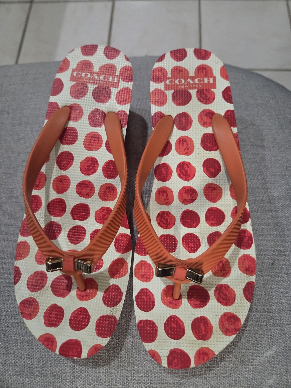 COACH Polka Dot Flip Flop Wedge Sandals With Gold Bow